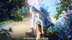 Rule 34 | 1girl, absurdres, bare shoulders, blue flower, butterfly hair ornament, closed mouth, douluo dalu, fingerless gloves, flower, forest, full body, gloves, gradient hair, grass, hair ornament, highres, juliet sleeves, leaning forward, long sleeves, looking down, multicolored hair, nature, puffy sleeves, ripples, second-party source, single fingerless glove, sitting, solo, tang wutong (douluo dalu), water, wings, yi jia