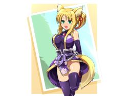 Rule 34 | 10s, 1girl, animal ears, artist request, blonde hair, breasts, dog days, elbow gloves, female focus, fox ears, fox tail, gloves, green eyes, japanese clothes, large breasts, no panties, ponytail, smile, solo, standing, standing on one leg, tail, thighhighs, yukikaze panettone