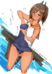 Rule 34 | 10s, 1girl, bare shoulders, blue one-piece swimsuit, blush, breast hold, breasts, brown eyes, brown hair, covered erect nipples, covered navel, dated, hair ornament, heart, i-401 (kancolle), kantai collection, long hair, looking at viewer, one-piece swimsuit, ponytail, rib:y(uhki), sailor collar, school swimsuit, simple background, sleeveless, solo, swimsuit, swimsuit under clothes, tan, tears, translation request, twitter username, wading, water, wet, white background