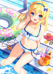 Rule 34 | 1girl, :d, blonde hair, blue eyes, blush, breasts, bucchake (asami), collarbone, cross, cross necklace, drink, drinking straw, flower, frilled swimsuit, frills, from above, hair between eyes, innertube, jewelry, long hair, looking at viewer, navel, necklace, ootomo sourin (sengoku otome), open mouth, sengoku otome, sitting, small breasts, smile, soaking feet, solo, sparkle, swim ring, swimsuit, unworn jewelry, unworn necklace, water