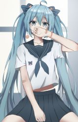 Rule 34 | 1girl, absurdres, ahoge, animal print, bandaid, bandaid on arm, bandaid on hand, bear print, blue eyes, blue hair, bow, bracelet, candy, covering own mouth, food, hair bow, hand over own mouth, hand up, hatsune miku, highres, holding, holding candy, holding food, holding lollipop, jewelry, lollipop, long hair, looking at viewer, midriff peek, mole, mole under eye, navel, neckerchief, pleated skirt, school, school uniform, serafuku, sitting, skirt, solo, spread legs, twintails, very long hair, vocaloid, xs