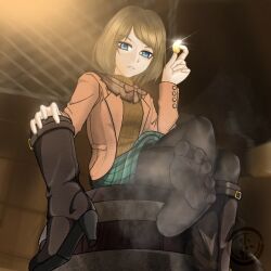 Rule 34 | 1girl, artist request, ashley graham, barrel, blue eyes, boots, brown hair, coin, crossed legs, feet, holding, holding shoes, looking at viewer, medium hair, pantyhose, parted lips, resident evil, resident evil 4, resident evil 4 (remake), shoes, sitting, smell, soles, steam, toes, unworn boots, unworn shoes