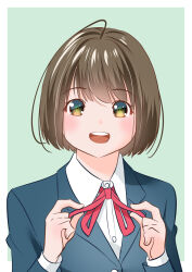 Rule 34 | 1girl, black eyes, blush, bow, bowtie, collared shirt, formal, green background, hair between eyes, light brown hair, looking at viewer, original, own hands together, red bow, red bowtie, school uniform, shirt, short hair, smile, straight-on, suit, upper body, white shirt, yamanaka kouji (yanchiki2001)