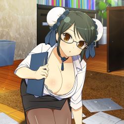 Rule 34 | 1girl, bent over, breasts, choker, cleavage, double bun, glasses, hair bun, highres, holding, holding paper, large breasts, meimei (senran kagura), office, office lady, open clothes, open shirt, pantyhose, paper, pencil skirt, senran kagura, senran kagura new wave, shiny skin, skirt