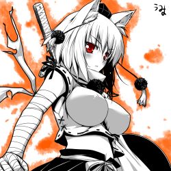 Rule 34 | 1girl, animal ears, bandages, blush, breasts, covered erect nipples, female focus, hat, highres, impossible clothes, impossible shirt, inubashiri momiji, large breasts, midriff, monochrome, red eyes, shield, shirt, short hair, solo, spot color, sword, tokin hat, touhou, umyonge (lkakeu), upper body, weapon, wolf ears