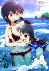 Rule 34 | 10s, 2girls, :d, ;o, absurdres, afloat, age difference, armpits, ass, barefoot, between breasts, bikini, black hair, blue eyes, blue hair, blue one-piece swimsuit, blush, grabbing another&#039;s breast, breast pillow, breasts, character request, cleavage, cloud, copyright request, day, feet, fish, flat chest, frilled bikini, frills, grabbing, groin, head between breasts, highres, huge breasts, komori-san wa kotowarenai!, komori shuri, kuniyuki yurie, long hair, looking at another, looking at breasts, looking down, lowleg, lowleg bikini, megami magazine, multiple girls, navel, negishi masako, non-web source, ocean, official art, one-piece swimsuit, one eye closed, open mouth, outdoors, partially submerged, red bikini, red eyes, scan, school swimsuit, scrunchie, short hair, sideboob, sky, smile, soles, standing, swimsuit, v, very long hair, wading, water, waves, wince