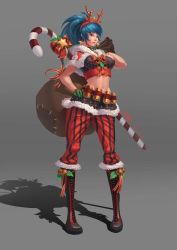 Rule 34 | alternate costume, antlers, bell, blue eyes, blue hair, boots, breasts, candy, candy cane, christmas, christmas ornaments, earrings, food, full body, gas can, hair ornament, horns, jewelry, jingle bell, leona heidern, navel, pandea work, pants, ponytail, reindeer antlers, ribbon, sack, solo, star (symbol), star earrings, striped clothes, striped pants, the king of fighters