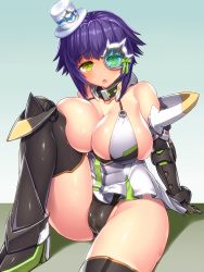 Rule 34 | 1girl, asamura hiori, bare shoulders, black gloves, black panties, black thighhighs, blush, breasts, cameltoe, cleavage, collar, cosplay, dress, elbow gloves, gene (pso2), gene (pso2) (cosplay), gloves, hat, highres, huge breasts, leg up, looking at viewer, mini hat, mini top hat, monocle, open mouth, panties, phantasy star, phantasy star online 2, phul j lasswitz, purple hair, short hair, sitting, solo, thighhighs, top hat, triangle mouth, underwear, white dress, yellow eyes