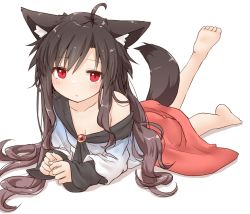 Rule 34 | 1girl, animal ears, barefoot, brooch, brown hair, dress, imaizumi kagerou, jewelry, long hair, long sleeves, looking at viewer, lying, natsu no koucha, off shoulder, on stomach, red eyes, solo, tail, touhou, white background, wolf ears, wolf tail