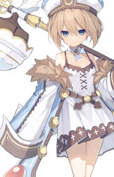 absurdres bare_shoulders blanc_(neptunia) blue_eyes breasts brown_hair buran_buta coat dress frown hammer hat highres neptune_(series) ribbon short_hair skirt small_breasts thighs