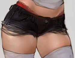 Rule 34 | 1girl, close-up, commentary, grey background, lace, lace panties, lower body, midriff, nat the lich, original, panties, red panties, short shorts, shorts, signature, simple background, skindentation, solo, stomach, thick thighs, thighhighs, thighs, torn clothes, underwear, white legwear, wide hips