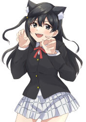 Rule 34 | 1girl, absurdres, animal ears, black hair, black jacket, blush, claw pose, collared shirt, commentary, fangs, grey eyes, hands up, highres, jacket, kiruto (artar 12), long hair, long sleeves, looking at viewer, love live!, love live! nijigasaki high school idol club, neck ribbon, nijigasaki school uniform, one side up, open mouth, plaid, plaid skirt, pleated skirt, red ribbon, ribbon, school uniform, shirt, skirt, solo, standing, symbol-only commentary, upper body, white background, white shirt, white skirt, winter uniform, yuki setsuna (love live!)