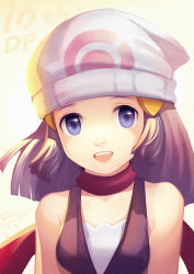 Rule 34 | 1girl, bare shoulders, beanie, blue eyes, blue hair, creatures (company), dawn (pokemon), dress, ecat, game freak, hair ornament, hairclip, hat, highres, long hair, looking at viewer, matching hair/eyes, nintendo, open mouth, pokemon, pokemon dppt, scarf, sleeveless, sleeveless dress, solo, upper body, white background