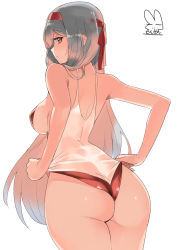 Rule 34 | 10s, 1girl, artist name, ass, backboob, bad proportions, bikini, breasts, brown eyes, cowboy shot, from behind, grey hair, hair between eyes, headband, kantai collection, large breasts, long hair, looking at viewer, one-piece swimsuit, red bikini, red headband, see-through, sensen, shirt, shoukaku (kancolle), signature, simple background, solo, swimsuit, tank top, upper body, very long hair, white background, white shirt