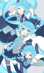 Rule 34 | &gt; &lt;, + +, 1girl, ahoge, arms up, black gloves, black skirt, black thighhighs, blue eyes, blue hair, blue necktie, blush stickers, detached ahoge, detached sleeves, elbow gloves, gloves, grey shirt, hair ornament, hairclip, hand up, hands up, hatsune miku, hatsushiro mamimu, highres, long hair, long sleeves, multiple views, necktie, one eye closed, open mouth, pleated skirt, shirt, skirt, smile, thighhighs, tie clip, twintails, v, vocaloid, wide sleeves