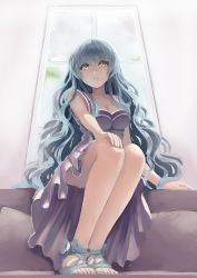 Rule 34 | 1girl, blush, dress, long hair, looking at viewer, open mouth, original, sandals, silver hair, sitting, solo, touboku, very long hair, yellow eyes