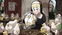 Rule 34 | 3girls, ^ ^, bird, board, bubble pipe, chicken, closed eyes, clumsy nun (diva), corn, curtains, diva (hyxpk), doorway, duck, duckling, eating, food in mouth, habit, hammer, hat, highres, hungry nun (diva), in container, in jar, jar, ladder, little nuns (diva), mallard, monocle, mouth hold, multiple girls, nervous sweating, nun, pillar, poster (object), safety pin, shaded face, shaking, silhouette, smile, spicy nun (diva), star (symbol), sticker, stuck, sweat, sweatdrop, table, thumbs up, toned, top hat, traditional nun, water, whistle