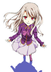 Rule 34 | 1girl, absurdres, ascot, boots, fate/stay night, fate (series), foreshortening, from above, highres, illyasviel von einzbern, kurai nao, lavender skirt, long hair, long sleeves, looking at viewer, pink footwear, purple footwear, purple shirt, red eyes, shadow, shirt, silver hair, simple background, snake mouth, solo, spread fingers, white background