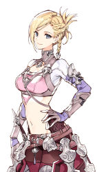 Rule 34 | 1girl, belt, black pantyhose, blonde hair, blue eyes, boots, braid, cleavage cutout, clothing cutout, commentary request, cowboy shot, crop top, final fantasy, final fantasy xiv, from side, hair bun, hand on own hip, high collar, highres, hyur, korean commentary, looking at viewer, midriff, minfilia warde, multiple belts, navel, pantyhose, sheath, sheathed, short hair, side braids, signature, simple background, single hair bun, smile, solo, standing, swept bangs, thigh boots, twitter username, white background, wild5lee