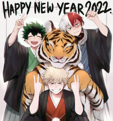 2022 3boys ^_^ animal arm_up bakugou_katsuki black_hakama black_haori blonde_hair blue_eyes blue_kimono blush boku_no_hero_academia burn_scar chinese_zodiac clenched_hand closed_eyes closed_mouth collarbone commentary cowboy_shot double_inward_v elbows_on_knees freckles green_hair green_kimono grey_eyes grey_hakama grey_scarf grin hair_between_eyes hakama han&#039;eri hands_up haori haori_himo happy happy_new_year head_rest head_tilt heterochromia highres inward_v japanese_clothes kimono knees_up leaning_to_the_side looking_at_viewer male_focus meltnotmelt midoriya_izuku multicolored_hair multiple_boys multiple_scars new_year official_alternate_costume open_mouth orange_kimono paneled_background red_eyes red_hair round_teeth sanpaku scar scar_on_arm scar_on_face scar_on_hand scarf short_hair sleeves_past_elbows smile spiked_hair split-color_hair straight_hair teeth text_background text_focus tiger todoroki_shouto tsurime two-tone_hair upper_teeth_only v v-shaped_eyebrows whiskers white_background white_hair wide_sleeves year_of_the_tiger