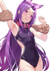 Rule 34 | 1girl, armpits, black one-piece swimsuit, breasts, collar, fate/grand order, fate (series), forehead, highres, long hair, medusa (fate), medusa (lancer) (fate), medusa (rider) (fate), one-piece swimsuit, parted bangs, purple collar, purple eyes, purple hair, rider, rui rubellent, sidelocks, small breasts, swimsuit, thighs, very long hair, white background