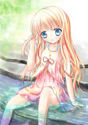 Rule 34 | 1girl, :d, arm support, bare arms, bare shoulders, blonde hair, blue eyes, blush, commentary request, day, dress, frills, hair between eyes, head tilt, holding, holding hair, long hair, looking at viewer, open mouth, original, outdoors, pink dress, pink ribbon, ribbon, shallow water, shihou haru, sitting, sleeveless, sleeveless dress, smile, solo, very long hair, water