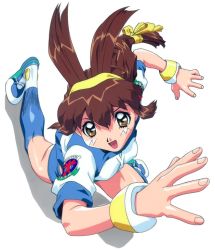 Rule 34 | 1girl, antenna hair, battle athletes, brown eyes, brown hair, from above, hairband, kanzaki akari, long hair, non-web source, simple background, solo, thighhighs, white background