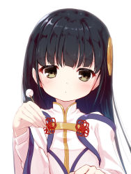 Rule 34 | 1girl, :o, black hair, blush, brown eyes, commentary request, copyright request, dress, fingernails, flower knot, hair ornament, hand up, head tilt, highres, holding, long hair, long sleeves, looking at viewer, mimikaki, parted lips, simple background, solo, upper body, white background, white dress, wide sleeves, yuku (kiollion)