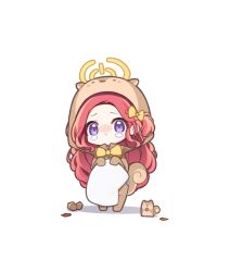 Rule 34 | 1girl, acorn, animal, animal costume, banana (banana draw), blue archive, blush, chibi, closed mouth, full body, halo, highres, leaf, long hair, nose blush, purple eyes, red hair, simple background, solo, squirrel, standing, tears, white background, yellow halo, yuzu (blue archive)