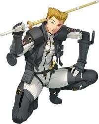 Rule 34 | 1boy, black gloves, bodysuit, brown eyes, gloves, hair behind ear, hand on own thigh, holding, holding sword, holding weapon, looking to the side, male focus, official art, over shoulder, pilot suit, shaded face, smirk, solo, squatting, super robot wars, super robot wars x-omega, sword, watanabe wataru (character designer), weapon, weapon over shoulder, wooden sword, ziggy star