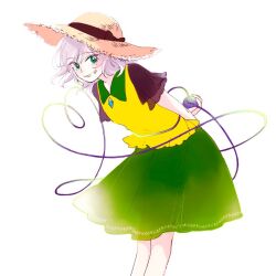 Rule 34 | 1girl, arms behind back, bow, buttons, collar, commentary, diamond button, eyeball, green collar, green eyes, green skirt, grey hair, grin, hat, hat bow, hat ribbon, heart, heart of string, holding eyeball, komeiji koishi, leaning forward, light blush, looking at viewer, medium hair, ribbon, see-through, see-through sleeves, short sleeves, simple background, skirt, smile, solo, straw hat, third eye, touhou, white background, yonu (yonurime)