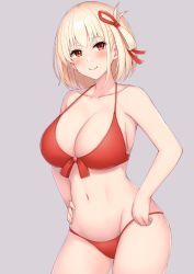 Rule 34 | 1girl, bare shoulders, bikini, blonde hair, blush, bob cut, breasts, cleavage, closed mouth, collarbone, etan14, front-tie bikini top, front-tie top, grey background, hair ribbon, hand on own hip, highres, large breasts, looking at viewer, lycoris recoil, navel, nishikigi chisato, one side up, red bikini, red eyes, red ribbon, ribbon, short hair, simple background, smile, solo, stomach, swimsuit