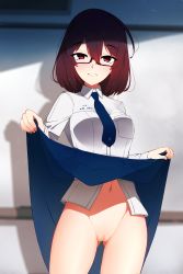 Rule 34 | 1girl, absurdres, brown hair, cleft of venus, glasses, highres, lifted by self, original, pussy, red eyes, school uniform, short hair, smile, solo, uncensored, z.taiga