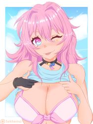 Rule 34 | 1girl, ;), ;p, absurdres, bare arms, bare shoulders, black gloves, blue eyes, blue sky, blush, bra, breasts, cleavage, cloud, commentary, day, gloves, hair between eyes, highres, honkai: star rail, honkai (series), large breasts, looking at viewer, march 7th (honkai: star rail), medium hair, nose blush, one eye closed, pink bra, pink eyes, pink hair, sekhema (sekhema art), single glove, sky, smile, solo, tongue, tongue out, two-tone eyes, underwear, upper body