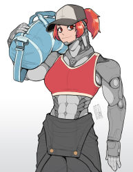 Rule 34 | 1girl, abs, bag, bigmsaxon, cyborg, hat, highres, looking at viewer, muscular, muscular female, original, prosthesis, prosthetic arm, red eyes, red hair, simple background, tank top, white background