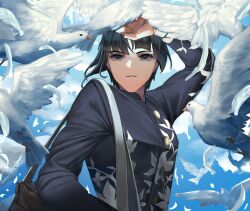 Rule 34 | 1boy, androgynous, arm up, asymmetrical hair, bag, bird, black hair, blue eyes, blue sky, bowl cut, commentary, eyelashes, feathers, floral print, highres, looking at viewer, male focus, mochigana, protagonist (smtv), school bag, school uniform, shin megami tensei, shin megami tensei v, short hair, single sidelock, sky, solo, upper body, white bird, white feathers