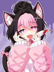 Rule 34 | 1girl, animal ear fluff, animal ears, black hair, blood, bloody knife, bow, cat ears, cat girl, cat tail, commission, darlingstrawb, fang, hair between eyes, hair bun, hair ornament, hand on own cheek, hand on own face, heart, heart-shaped pupils, highres, holding, holding knife, indie virtual youtuber, knife, medium hair, open mouth, pink bow, pink eyes, pink hair, pink sweater, purple background, purple eyes, shirt, skeb commission, solo, sweater, symbol-shaped pupils, tail, tail bow, tail ornament, upper body, virtual youtuber, white shirt, x hair ornament, yui mirano