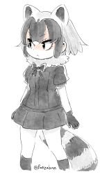 Rule 34 | 10s, 1girl, :/, alternate color, animal ears, artist name, black bow, black bowtie, black eyes, black gloves, black hair, black shirt, black skirt, bow, bowtie, commentary, common raccoon (kemono friends), extra ears, frown, fur collar, gloves, grey hair, kemono friends, multicolored hair, panzuban, puffy short sleeves, puffy sleeves, raccoon ears, raccoon tail, shirt, short hair, short sleeves, simple background, skirt, solo, tail, twitter username, two-tone hair, v-shaped eyebrows, white background