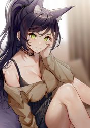 Rule 34 | 1girl, black bra, black hair, black skirt, blurry, blurry background, bra, breasts, brown shirt, buttons, choker, cleavage, extra ears, green eyes, hand on own cheek, hand on own face, high ponytail, highres, illian-san, knees up, large breasts, long hair, long sleeves, meridian project, mole, mole on breast, nail polish, off shoulder, ponytail, purple eyes, seki (vtuber), shirt, sidelocks, sitting, skirt, solo, underwear, virtual youtuber