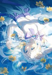 Rule 34 | 1girl, absurdres, artist name, blue eyes, bow, bowtie, breasts, brooch, closed mouth, commission, dress, flower, flower on liquid, highres, jewelry, long hair, long sleeves, looking at viewer, lying, on back, original, partially submerged, ryane (yry 0), sash, shirt, skirt, small breasts, solo, upside-down, water, watermark, white hair, white shirt, yellow flower