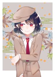 Rule 34 | 1girl, absurdres, black hair, blouse, border, brown hat, brown jacket, brown shorts, cabbie hat, closed mouth, collared shirt, commentary request, eyelashes, flat cap, hand on own arm, happy, hat, highres, jacket, leaf, leaf background, long sleeves, looking away, necktie, no wings, pointy ears, red eyes, red necktie, shameimaru aya, shameimaru aya (newsboy), shirt, short hair, shorts, smile, solo, suit jacket, toraneko 2, touhou, white border, white shirt