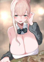 Rule 34 | 1girl, bare shoulders, black bow, black bowtie, black jacket, blonde hair, blurry, blurry background, blush, bow, bowtie, breasts, cleavage, commentary request, detached sleeves, dress, green eyes, hair between eyes, hair bun, highres, huge breasts, jacket, long sleeves, looking at viewer, mature female, open mouth, original, sagging breasts, single sidelock, skindentation, smile, solo, table, white dress, yuzuki himuka