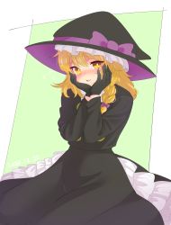 Rule 34 | 1girl, absurdres, black gloves, black hat, black jacket, black skirt, black vest, blonde hair, blush, bow, braid, bright pupils, buttons, commentary request, cookie (touhou), cowboy shot, dated, flat chest, gloves, hair bow, hands on own cheeks, hands on own face, hat, hat bow, highres, jacket, kirisame marisa, long hair, looking at viewer, makaarami, open mouth, purple bow, rei (cookie), shirt, single braid, skirt, smile, solo, touhou, turtleneck, vest, white bow, white pupils, white shirt, witch hat, yellow eyes