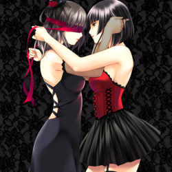Rule 34 | 2girls, adjusting hair, asymmetrical legwear, ayase hazuki, backless dress, backless outfit, bare arms, bare shoulders, black background, black dress, black eyes, black hair, black skirt, blindfold, breasts, corset, covered eyes, dress, elbow gloves, face-to-face, female focus, fishnet legwear, fishnets, from side, garter straps, gloves, grey hair, hat, large breasts, legs, lips, lipstick, looking at another, makeup, mini hat, multiple girls, original, parted lips, red ribbon, ribbon, short hair, sideboob, skirt, smile, standing, strapless, strapless dress, thighhighs, uneven legwear, veil, yuri, yuujo
