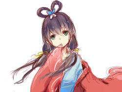 Rule 34 | 1girl, bad id, bad pixiv id, chinese clothes, green eyes, hair rings, hand to own mouth, hanfu, luo tianyi, moriz, sketch, solo, vocaloid, white background