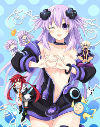 Rule 34 | 0 0, 2others, 5girls, :p, adult neptune, bad id, bad pixiv id, bare shoulders, blank eyes, blue eyes, blush, book, braid, breasts, chibi, cleavage, collarbone, cowboy shot, croire, d-pad, doggo, fairy, fairy wings, fingerless gloves, fish, foreshortening, full body, gloves, hair ornament, hairclip, heart, heart-shaped boob challenge, heart hands, highres, hood, hooded jacket, hooded track jacket, hoodie, jacket, long hair, looking at viewer, low twintails, medium breasts, midriff, multiple girls, multiple others, navel, necktie, nepgear, neptune (neptunia), neptune (series), no bra, one eye closed, open clothes, open jacket, open mouth, orange eyes, pointing, pointing at viewer, purple eyes, purple hair, red hair, shin jigen game neptune vii, shiny clothes, shiny skin, shirt, short hair, sitting, smile, stomach, tennouboshi uzume, thighhighs, tongue, tongue out, track jacket, twin braids, twintails, umio (neptunia), wings, zero (ray 0805)