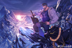 Rule 34 | 1boy, bad source, baimeme, bara, beard, black dog, blue headband, blue tank top, brown hair, facial hair, headband, highres, jacket, male priest (dungeon and fighter), mountain, muscular, muscular male, planted, planted sword, planted weapon, snow, sword, tank top, weapon, white jacket