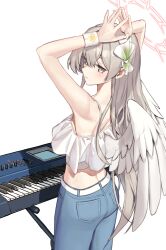 Rule 34 | 1girl, absurdres, angel wings, arms up, ass, bare shoulders, blonde hair, blue archive, camisole, denim, feathered wings, hair ornament, halo, highres, instrument, jeans, keyboard (instrument), laza (0ldsong), long hair, nagisa (blue archive), pants, simple background, sleeveless, white background, white camisole, white wings, wings, yellow eyes