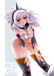 Rule 34 | 1girl, amagai yukino, areola slip, bent over, breasts squeezed together, breasts, capcom, cleavage, hairband, horns, kirin (armor), large breasts, leaning forward, long hair, monster hunter (series), panties, purple eyes, red eyes, single horn, solo, thighhighs, torn clothes, underwear, white hair, white panties