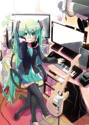 Rule 34 | 1girl, bespectacled, cat slippers, chair, dress, electric guitar, glasses, green eyes, green hair, guitar, hatsune miku, headphones, headphones around neck, hekicha, highres, instrument, keyboard (computer), keyboard (instrument), crossed legs, long hair, looking at viewer, matching hair/eyes, monitor, sitting, skirt, smile, solo, thighhighs, tissue, tissue box, twintails, very long hair, vocaloid